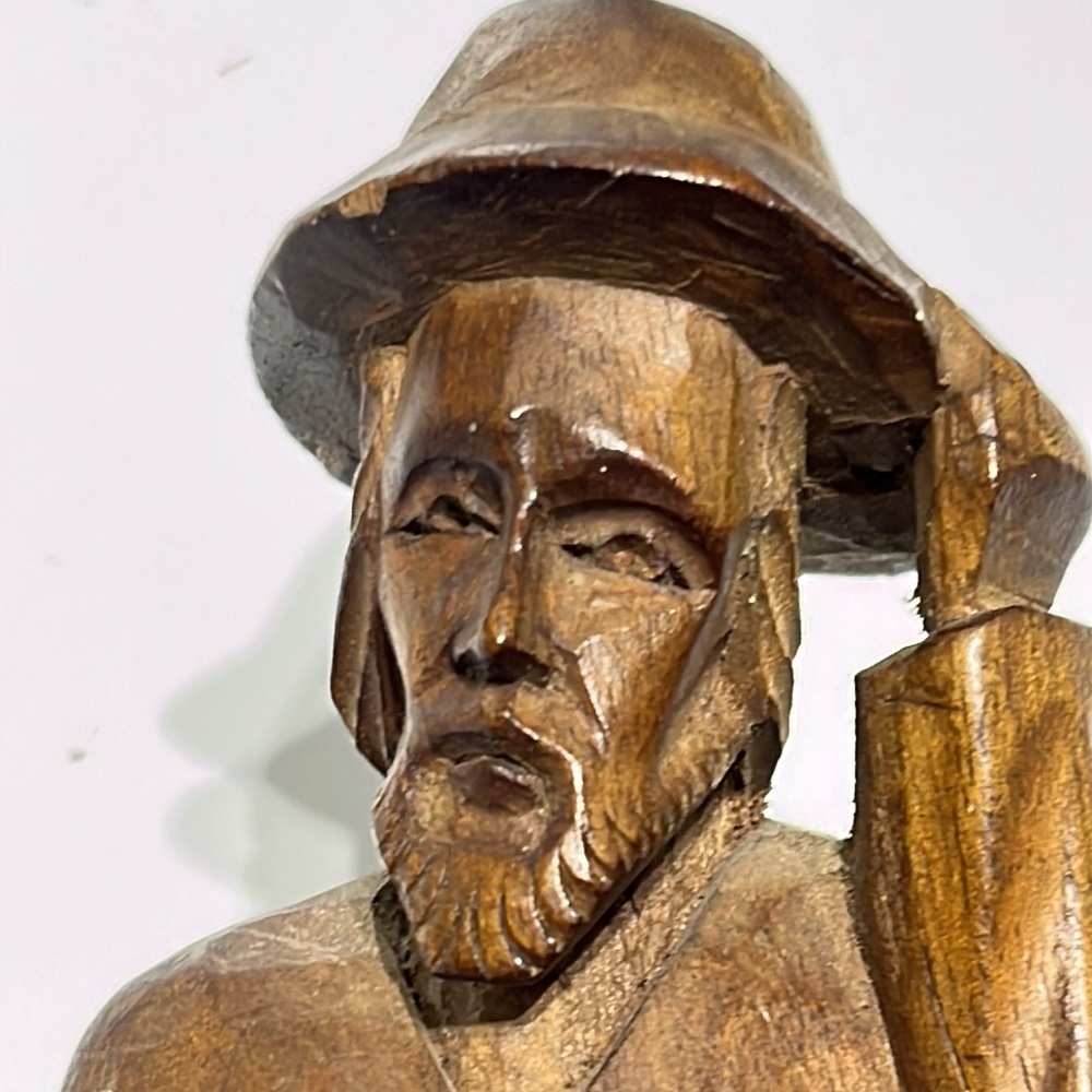 Vintage Artizan crafted hand carved wooden man with knapsack/bowl wearing hat